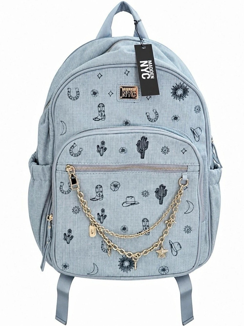 Madden NYC Denim backpack Bag Printed western emblems with Chain NWT
